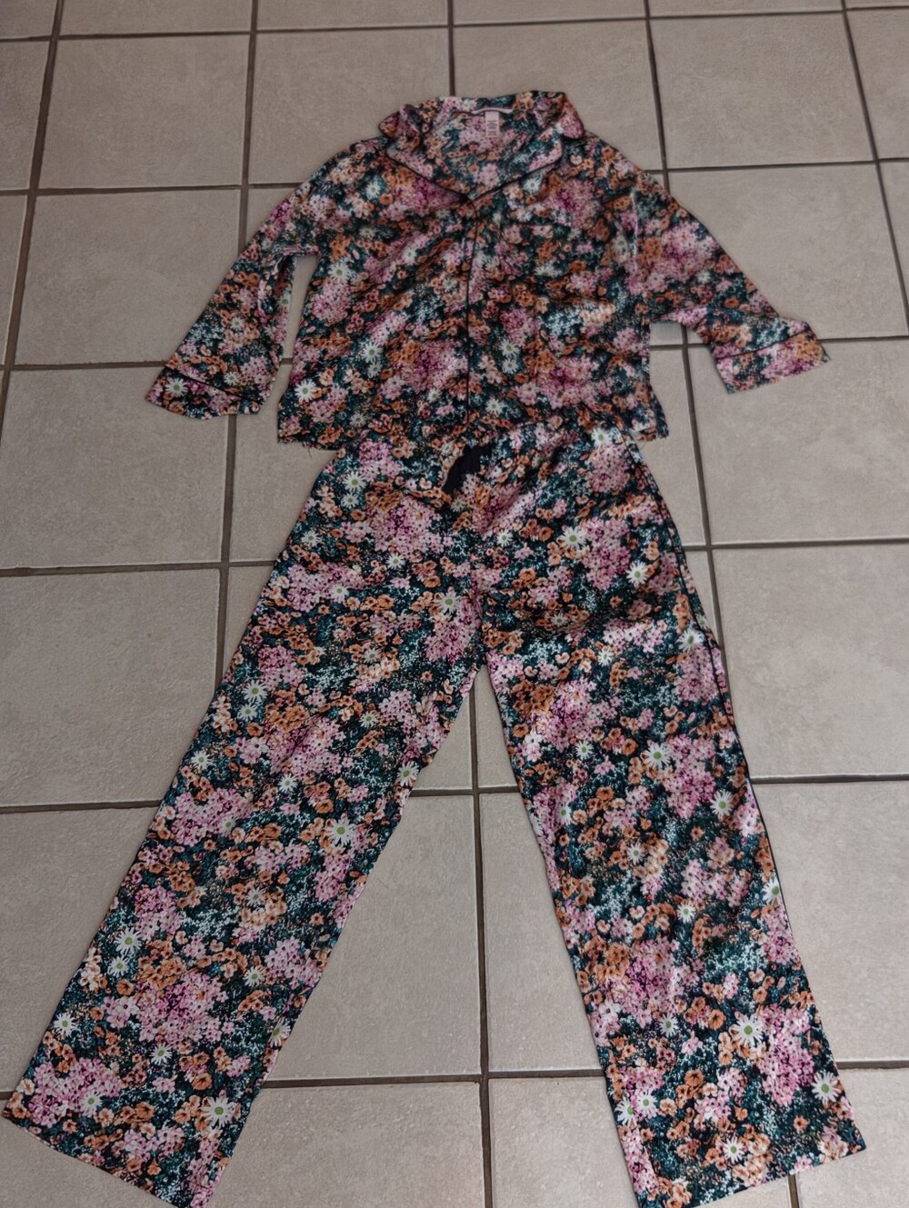 VS Floral Wide-Leg Satin Pajama Set XS petite